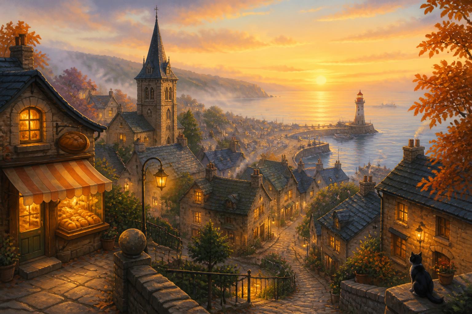 Mystery Town: Willowbrook key art — the coastal town of Willowbrook at sunset